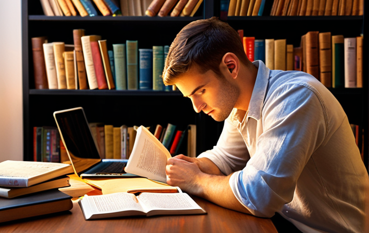 **
Prompt: A determined individual studying at a desk filled with books and a laptop, illuminated by a warm light. The scene should convey a sense of focus and motivation, with a subtle background featuring bookshelves and motivational quotes. Emphasize the joy of learning and personal growth.
**